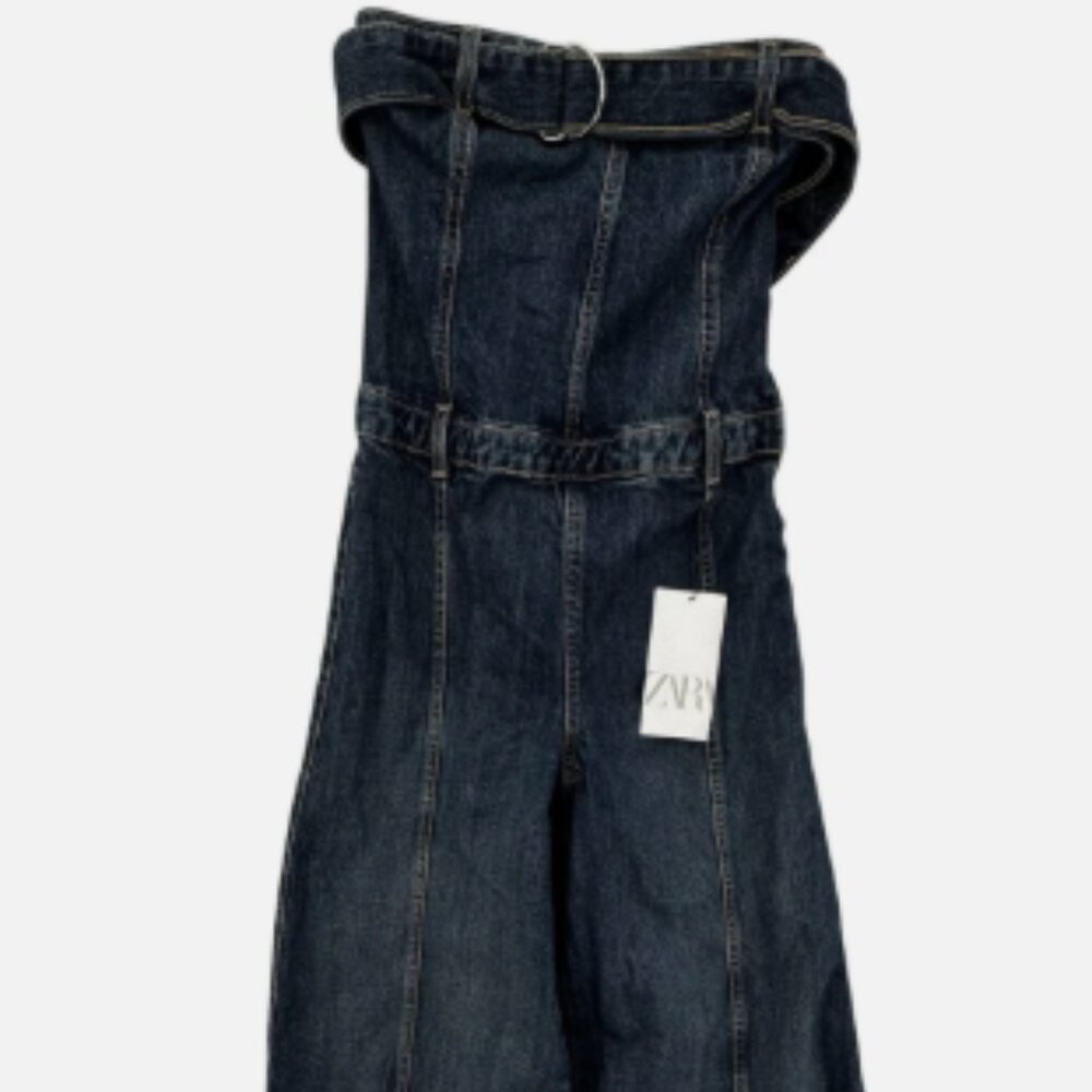 💙 Zara Denim Strapless Wide-Leg Jumpsuit – Women’s Medium 💙